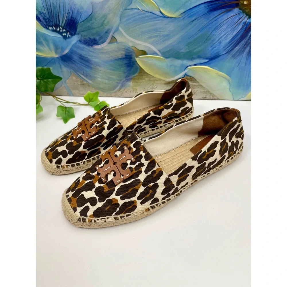 New Tory Burch Ines‎ Leopard Print Canvas Espadrille Flats Brown Tan Women 9.5